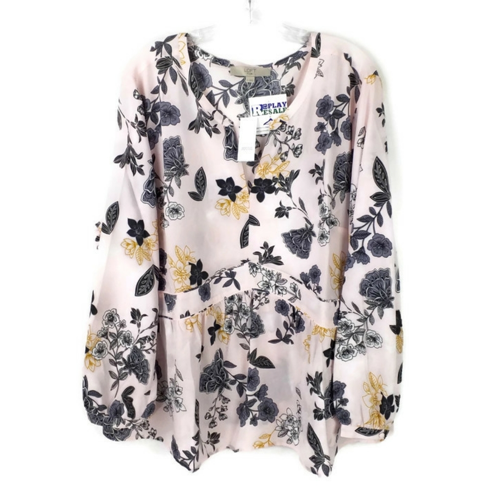 Loft Plus Pink Floral Print Long Sleeve Semi Sheer Blouse Womens Size 22